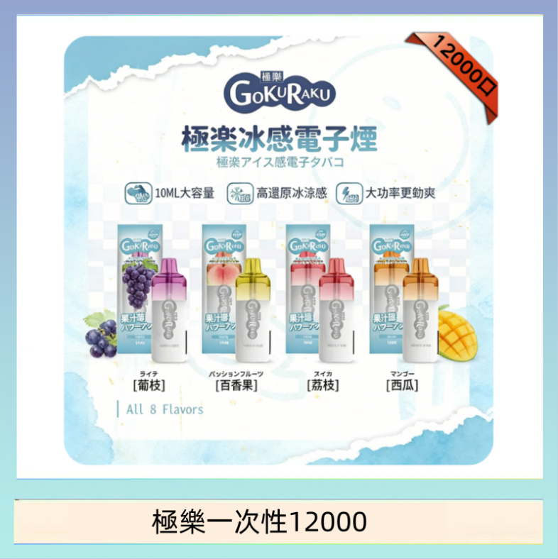 【8種口味】極楽 12000口一次性電子煙|超大容量 |口感絲滑|新品